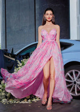 Cassandra | A Line Hot Pink Floral Strapless Corset Prom Dress with Slit – Elegant & Affordable Choice - Hot Pink Floral - PromDressClub